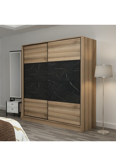 Minarmobilya Minar Kale 2 Kap. Sürgülü Dolap 180 Cm - Beyaz/Royal Mermer/Dore