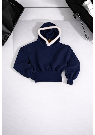 Kapşonlu Peluş Detaylı Sweatshirt Mavi