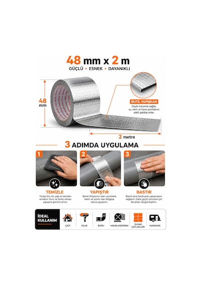 Dmax Sakız Sızdırmaz Bant 48 Mm X 2 M Butil Alüminyum Folyo Tamir Bandı Su Geçirmez İzolasyon Bandı