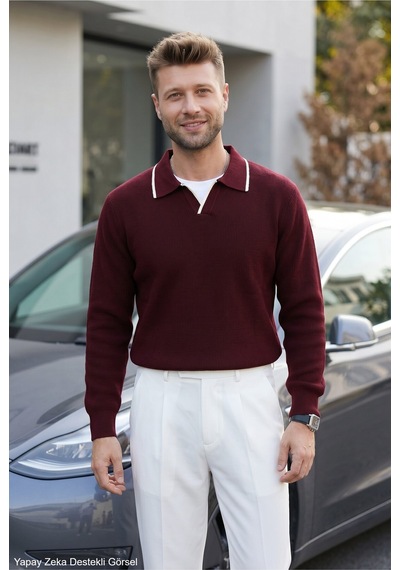 Kamalı Erkek Oversize Selanik Örgü Polo Yaka Triko Kazak Bordo
