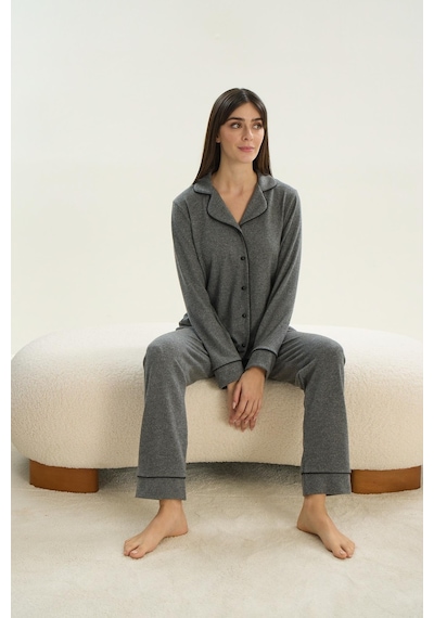 Sevim Kadın Uzun Kol Triko Önden Düğmeli Gri Melanj Pijama Takım C1t8n9o51 001