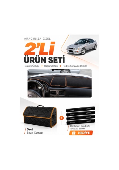 Subaru İmprezza 1998-2000 Uyumlu Torpido Örtüsü + Deri Bagaj Çantası + Sticker - Siyah Kahverengi