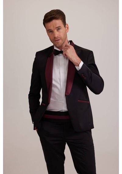 Ysf Erkek Bordo Siyah Slim Fit Şal Hakim Yaka Damatlık Bordo - Siyah
