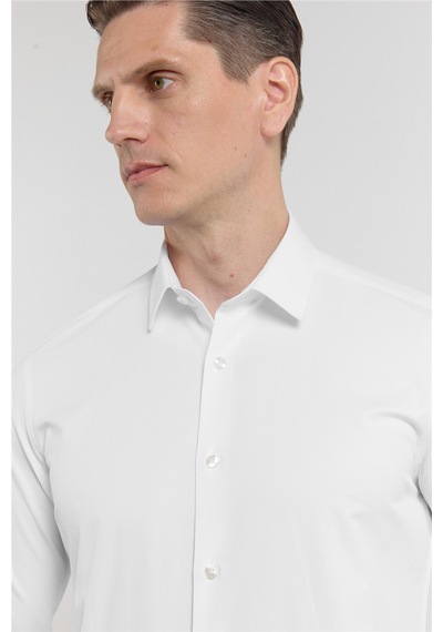 İmza Beyaz Kendinden Desenli Sert Yaka Uzun Kol Cepsiz Slim Fit Pamuklu Gömlek 1004255230