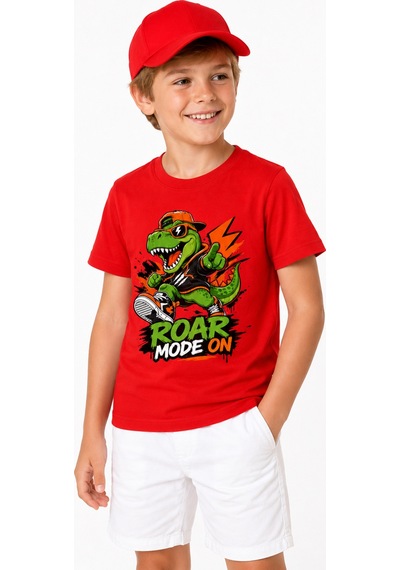 Bayloranzzo Roar Mode On %100 Pamuk Premium Kalite Erkek Çocuk Tişörtü Kırmızı