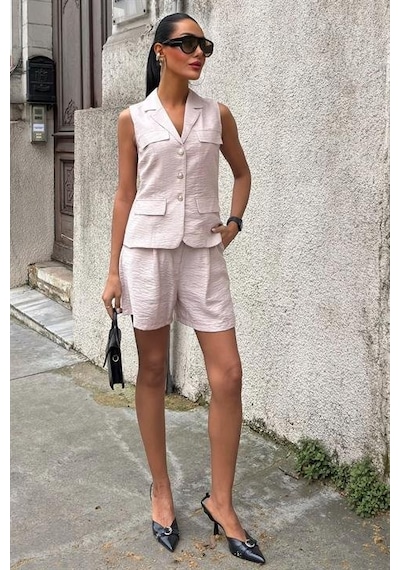 Moderie Butik Yelek Şort Viscon Takım 10156-17 Altın