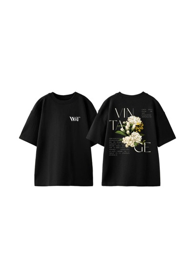 Thewert Vıntage Çiçek Tasarım Sırt Baskılı Pamuk Siyah Oversize T-shirt
