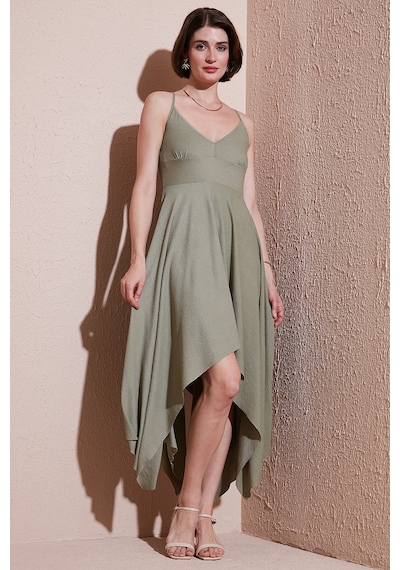 Lela Asimetrik Kesim Regular Fit Midi Boy Askılı V Yaka Bayan Elbise 5866131 Olive