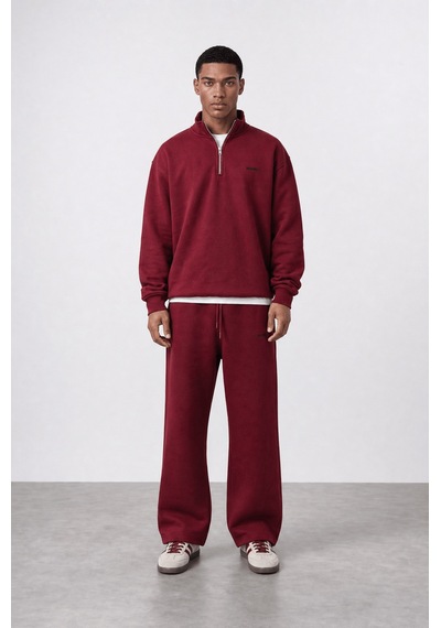 Erkek Respire Basic Half Zip Oversize Sweatshirt Bordo