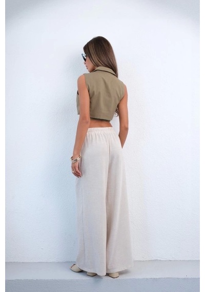 Defymoda Aksesuar Detay Keten Pantolon Bej