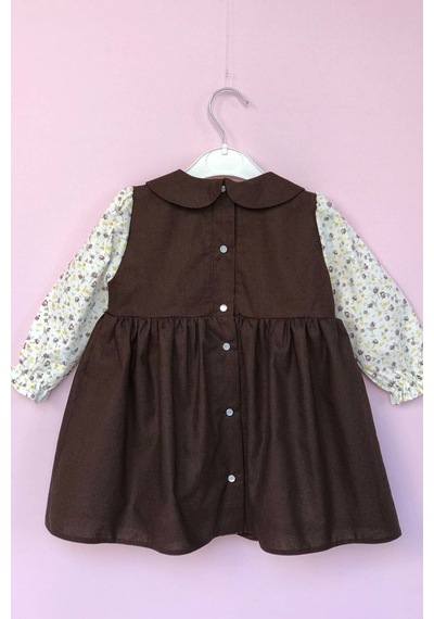 Bebe Yaka Pileli Çiçekli Kahve Kız Çocuk Bebek Elbise 001