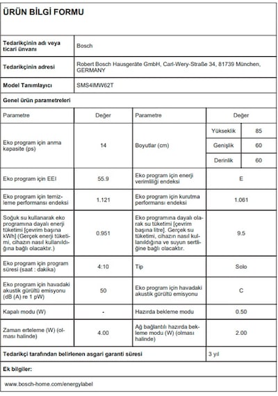 Bosch SMS4IMW62T 6 Programlı 14 Kişilik Bulaşık Makinesi