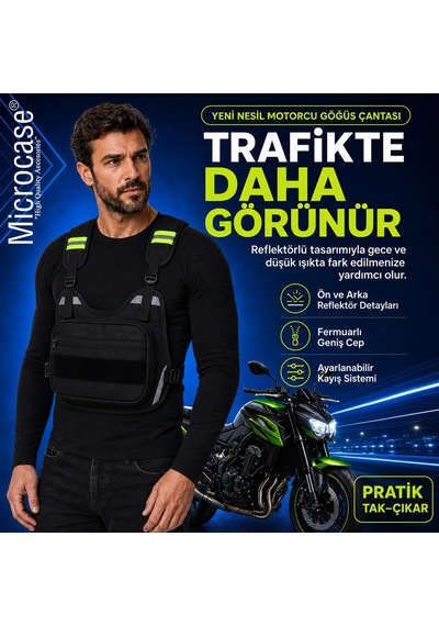 Reflektörlü Motorcu Bisiklet Scooter Kurye Yelek Tipi 2 Gözlü Göğüs Çantası Al5623