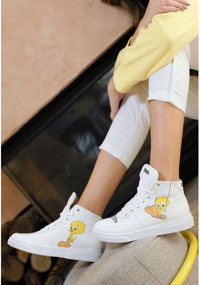 Kadın Vegan Deri Beyaz High Sneakers - Warner Bros Tweety Classic Tasarım Çok Renkli