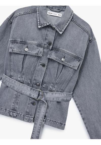 Koton Pamuklu Cep Detaylı Uzun Kollu Klasik Yaka Kemerli Denim Ceket Gri 6wal50019md Gri