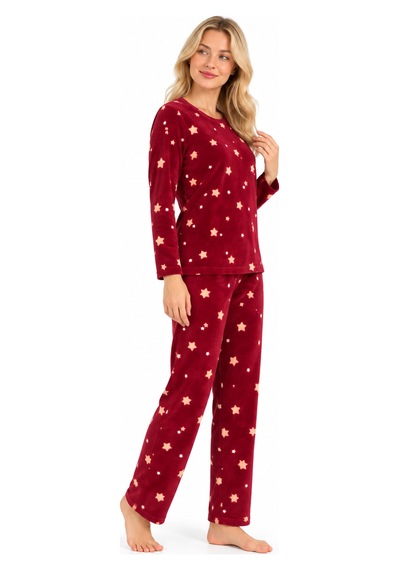Sleeeproom Kadın Süet Mevsimlik Yıldız Desen Bordo Pijama Takımı
