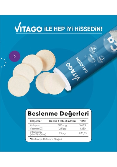 Vitago Prokalsiyum Vitamin D Vitamin K2 20 Efervesan Tablet