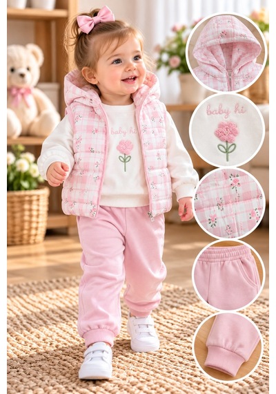 Baby Hi Süzine Çiçekli Şişme Yelekli Kız Üçlü Takım 9-18 Aylık -dü670342 - Pembe
