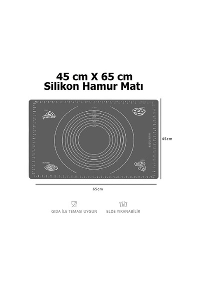 Gri Silikon Hamur Açma Matı 45x65 Cm Ölçülü Kaymaz Yapışmaz Profesyonel Yoğurma Matı