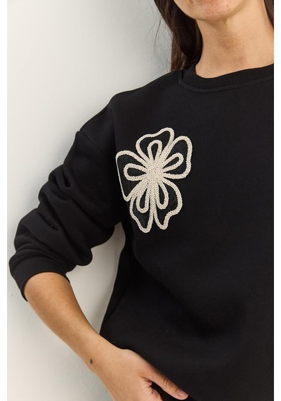 Shade Kadın Bisiklet Yaka Çiçek Nakışlı Üç İplik Şardonlu Sweatshirt 60601045 - Siyah