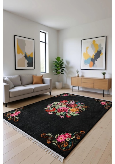 Çiçek Motifli Modern Halı Dekoratif Kilim Siyah