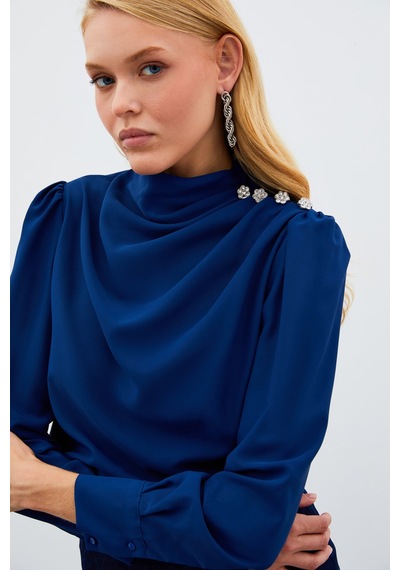 Sateen Düğmeleri Taş Detaylı Bluz - Lacivert-134895 Lacivert