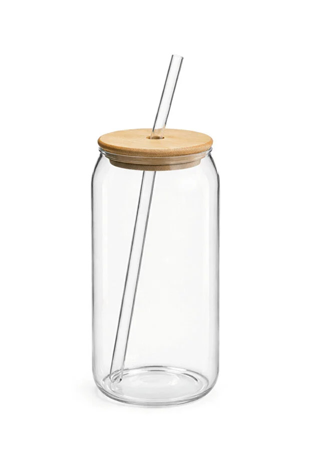 Pipetli Cam Bardak Bambu Kapaklı Soğuk Kahve, Bubble Tea, Limonata, Smoothie Ve Soda Bardağı 540 Ml Şeffaf