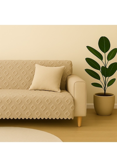 Şönil Jakarlı Kaymaz Koltuk Örtüsü 175x215 Cm Çekyat Uyumlu, Yıkanabilir Bej
