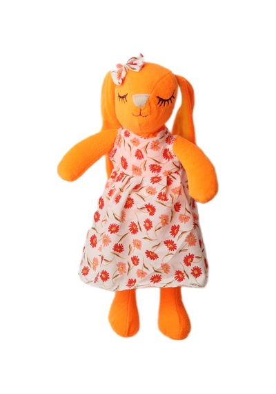 İthal Kumaş Uzun Kulaklı Renkli Kıyafetli Sevimli Tavşan Peluş Oyuncak Uyku & Oyun Arkadaşı 30 Cm. Turuncu