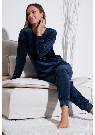 Lela Standart Fit Bisiklet Yaka Yumuşak Kadife Bayan Pijama Takımı 6094201 Lacivert