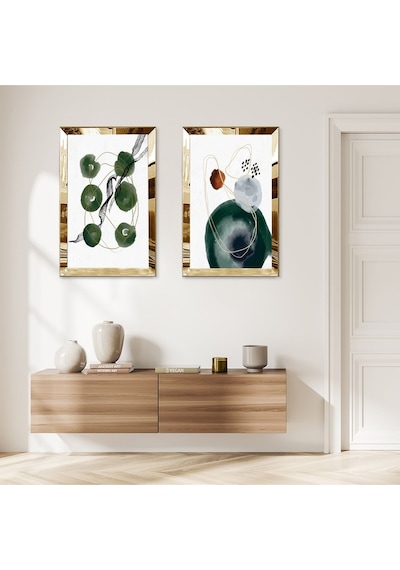 Gold Aynalı Pleksi Çerçeveli Beyaz Arka Planlı Kapalı Yeşil Şekiller Modern İkili Mdf Tablo Seti