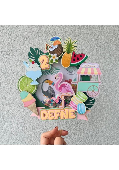 Tropikal Meyve Flamingo Temalı Doğum Günü İsme Özel Pasta Süsü