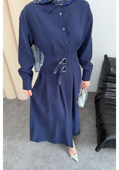 Mihran Butik Valeno Model Coupra Model Kumaş Kemer Detaylı Elbise Lacivert
