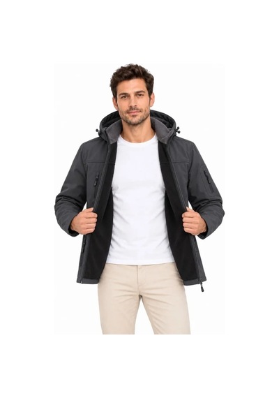 Erkek Su Geçirmez Softshell İçi Polar Astarlı Çıkarılabilir Kapüşonlu 4 Cepli Mont Ceket - Füme
