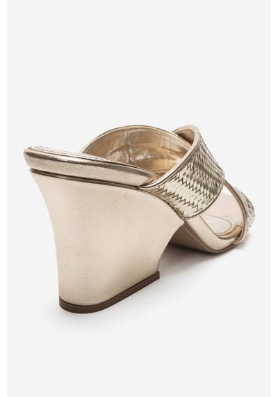 Luvi Shoes Lavean Altın Örgü Çapraz Bantlı Kadın Dolgu Topuklu Terlik