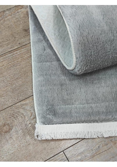 Saçaklı Kalın Yumuşak Kaymaz Taban Açık Gri Peluş Halı, 150 X 230 Standart