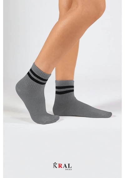 Kral Socks Erkek Kadın 3 Çift Çizgili Kolej Tenis Çorabı Pamuklu Terletmez Çorap Gri