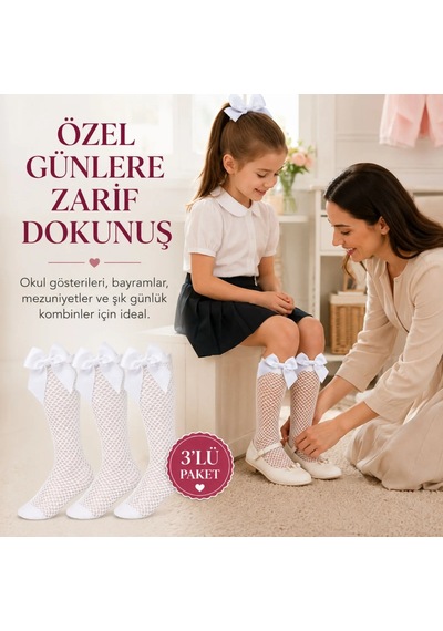 Kız Çocuk Beyaz File Dizaltı Çorap Fiyonklu 3'lü Paket Okul Tören Bayram Gösteri Çorabı