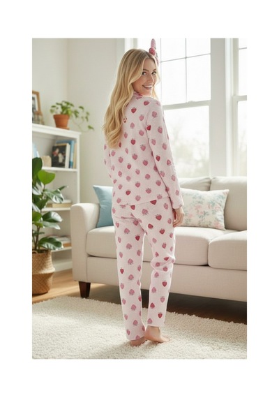 Siyah İnci Mevsimlik İnce Düğmeli Örme Pijama Takım 7978 Çilek Desenli