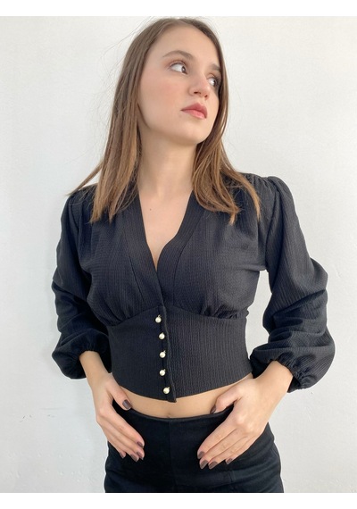 Mois Atelier Siyah Crop Top Bluz Gömlek, Tasarım, Hediye, Büyük Beden Siyah