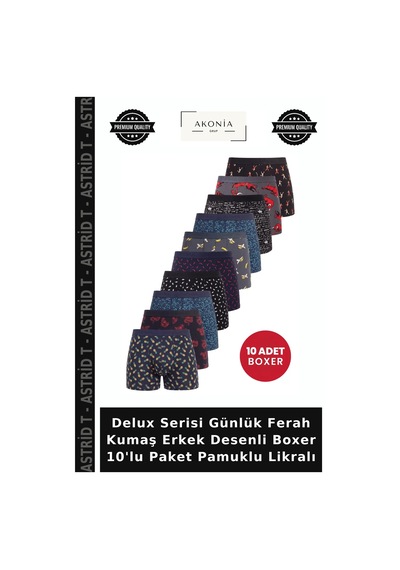Astrid T Delux Serisi Günlük Ferah Kumaş Erkek Desenli Boxer 10'lu Paket Pamuklu Likralı