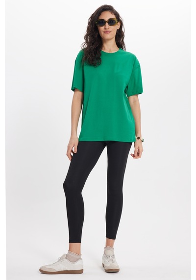 Tudors Kadın Slim Fit Dar Kesim Pamuk Kısa Kollu Bisiklet Yaka Yeşil Tişört-50471 L