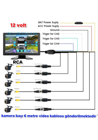 170'' Balık Gözü Ahd 720p Rca Kamera 6 Kanallı 10 İnç Dokunmatik Usb Bsd Dvr Ekran 12 Volt