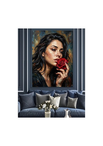 Kırmızı Gül Tutan Esmer Kadın Yağlı Boya Dokulu Kanvas Tablo Canvas Tablosu