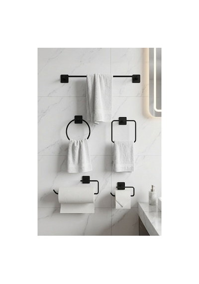 Alper Banyo Kare 5'Li Banyo Aksesuar Seti Uzun Havluluk, Solo Havluluk, Halka Havluluk, Fön Askısı Ve Tuvalet Kağıtlığı