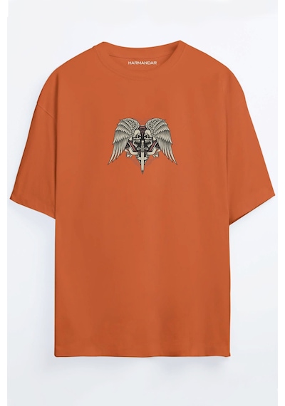 Kılıc Iskelet Baskılı Unisex Siyah - Beyaz - Turuncu - Bej Oversize T-shirt Turuncu
