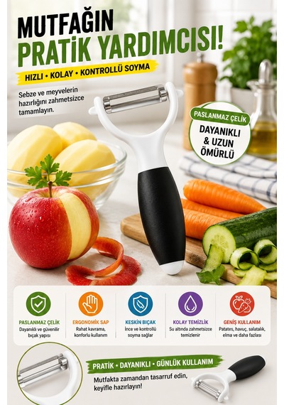 Siyah Saplı Sapan Soyacak Paslanmaz Çelik Sebze Meyve Soyucu Ergonomik Pratik Mutfak Aparatı