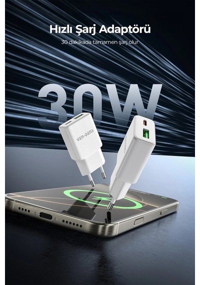 Ven-dens Vd-tc017bac 30 W Pd Type-c Hızlı Şarj Adaptörü, Usb-c Ve Usb-a Çift Port, Kompakt, Beyaz