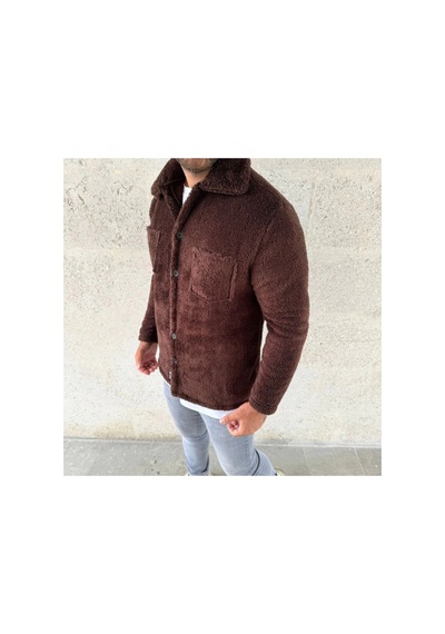 Butik İstanbul Erkek Pelüş Polar Hırka Gömlek Yakalı, İlik Düğmeli, Göğüs Cepli, Yumuşak Dokulu Kışlık Regular Fit Rahat Günlük Model - Kahverengi