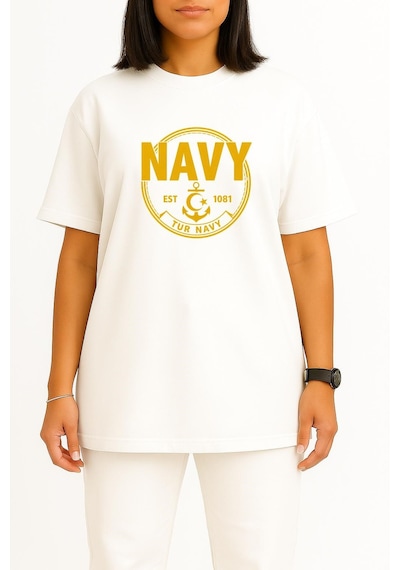 Bahriyeli Collection Oversize Tur Navy Göğüs Ve Sırt Baskılı Unisex T-shirt Beyaz
